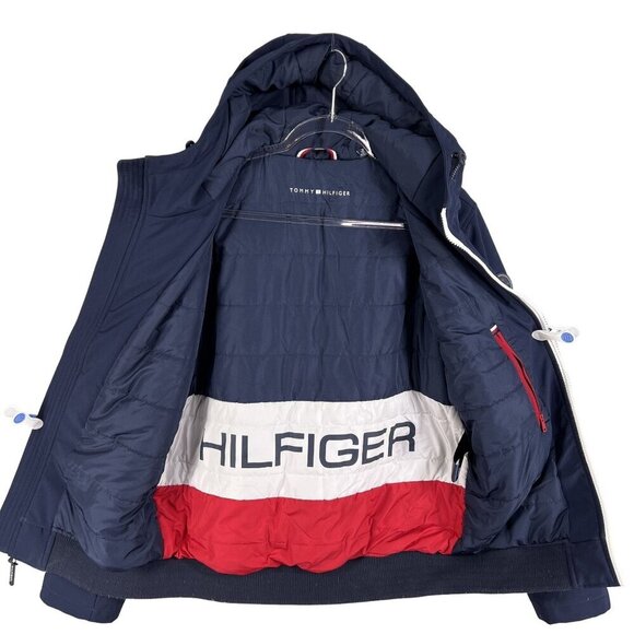 Tommy Hilfiger Mens M Womens L Navy Blue Zipper Hooded Jacket Logo Lined Preppy
